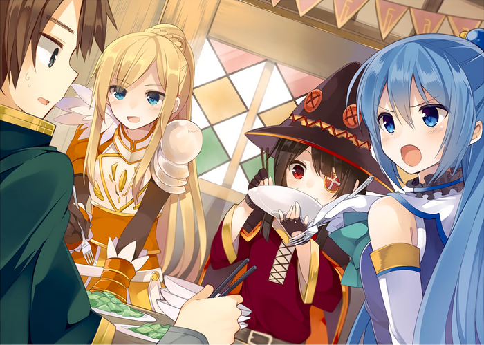 Aqua, Darkness, Megumin, and Kazuma from KonoSuba eating