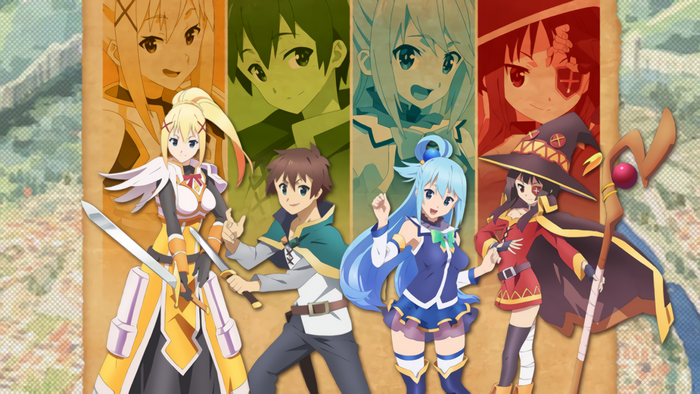 Aqua, Darkness, Kazuma, and Megumin from KonoSuba