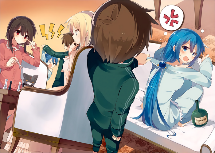 Aqua and friends from KonoSuba playing chess