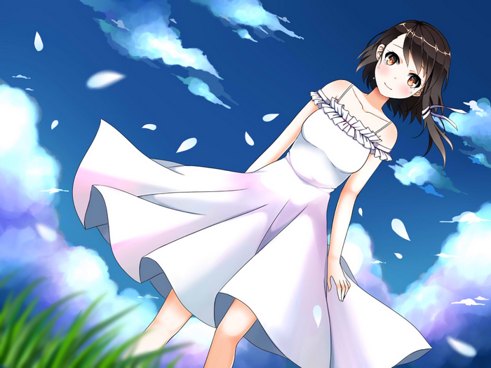 Kosaki Onodera in a white dress under the sky