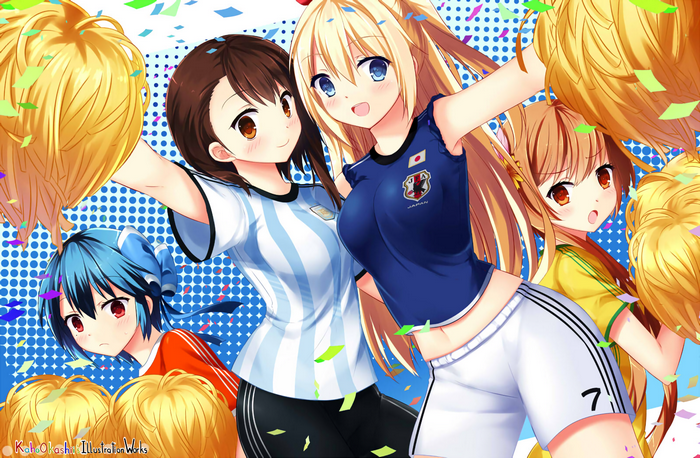Anime girls in soccer jerseys with pom-poms