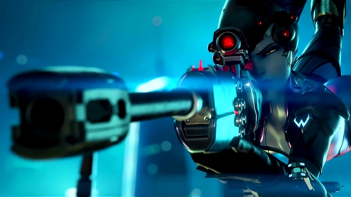 Widowmaker from Overwatch aiming sniper rifle