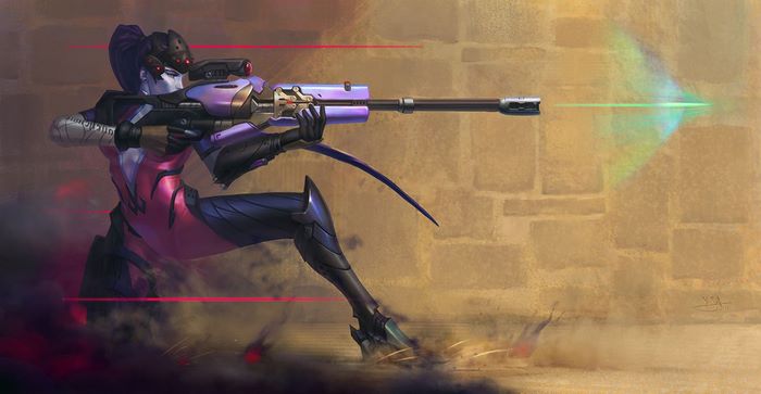 Widowmaker from Overwatch firing sniper rifle