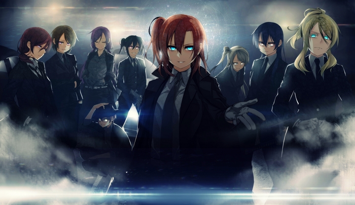 Maki Nishikino and her team in black suits