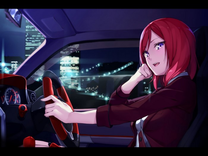 Maki Nishikino driving a car at night