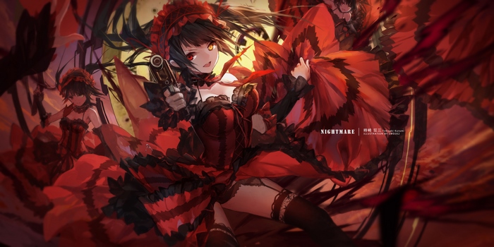 Kurumi Tokisaki in Dark Gothic Red Dress with Gun