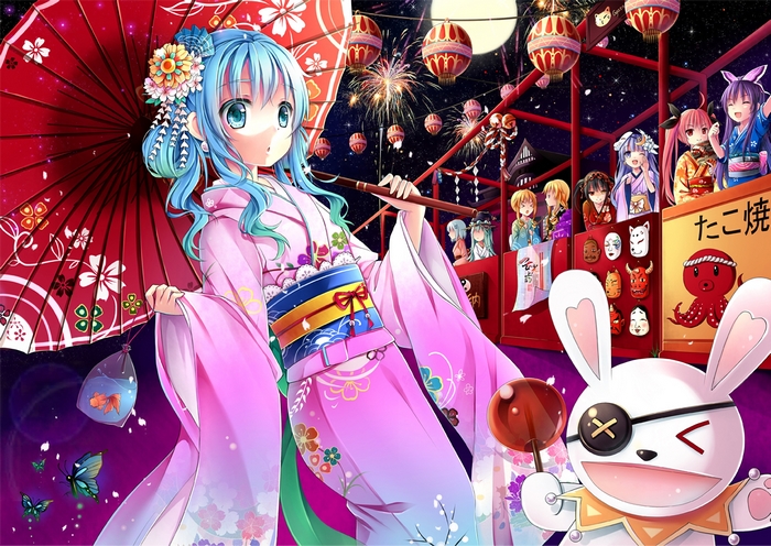 Anime girl in kimono at festival with fireworks
