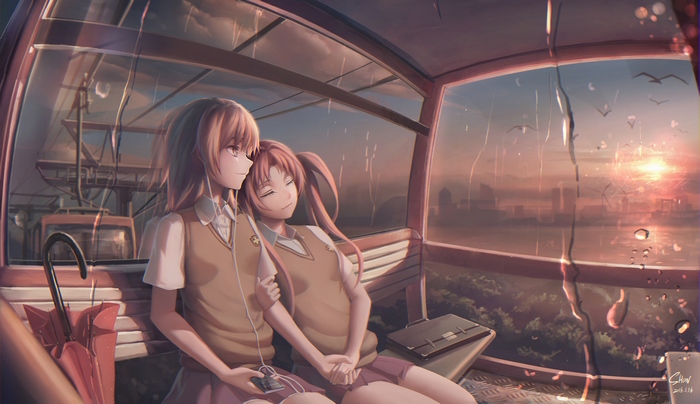 Mikoto Misaka in a cable car at sunset