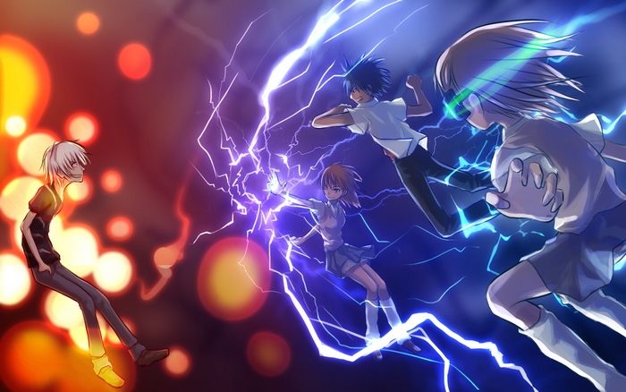 Accelerator, Mikoto Misaka, and Kamijou Touma fighting with lightning