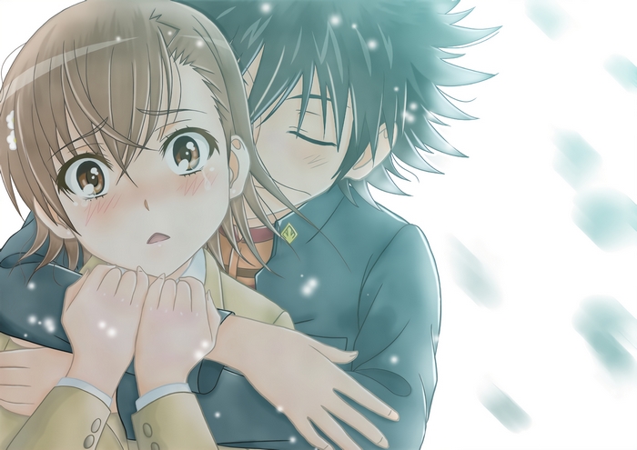 Mikoto Misaka and Touma Kamijou hugging