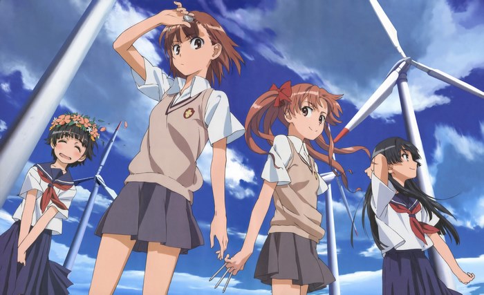 Mikoto Misaka and friends with windmills