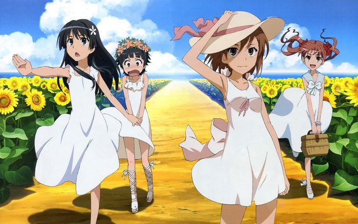 Mikoto Misaka and friends in a sunflower field