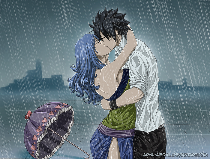 Gray Fullbuster and Juvia Lockser kissing in the rain