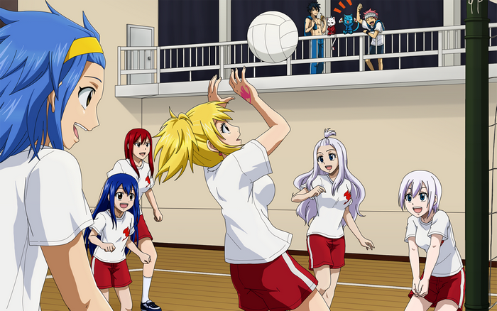 Fairy Tail characters playing volleyball in a gym