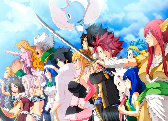 Fairy Tail characters in front of a blue sky