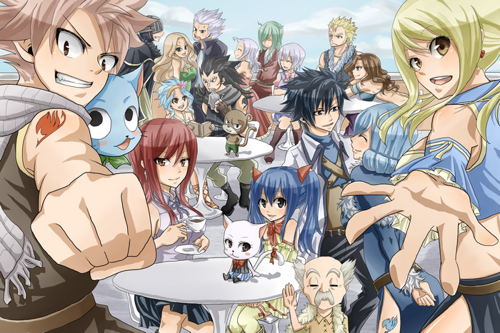 Fairy Tail characters gathered at tables