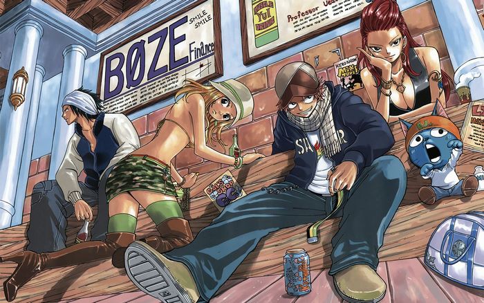 Fairy Tail characters sitting on a wooden bench