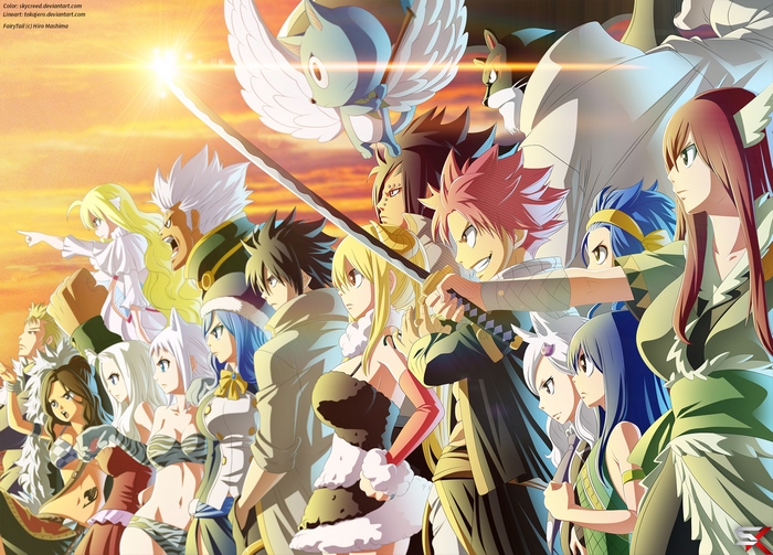Fairy Tail characters in front of a sunset