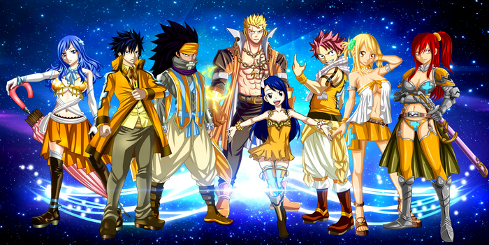 Fairy Tail characters in yellow and white outfits