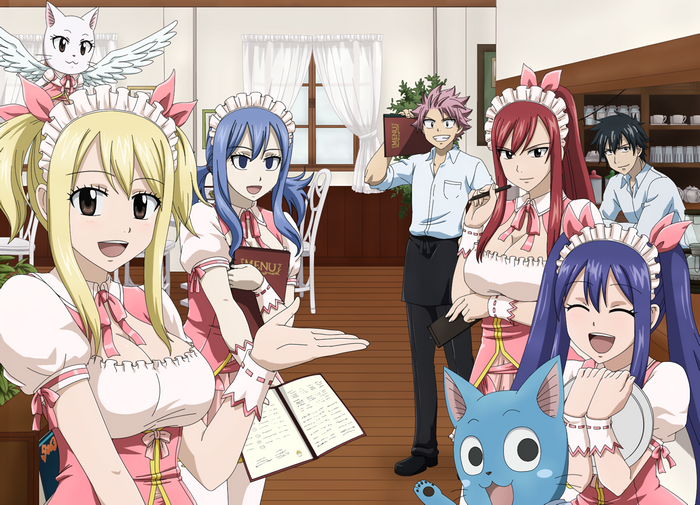 Fairy Tail characters in maid outfits at a cafe