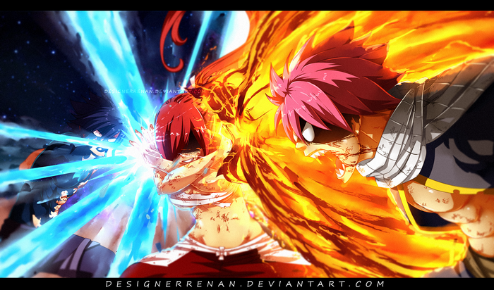 Natsu, Erza, and Gray from Fairy Tail clashing