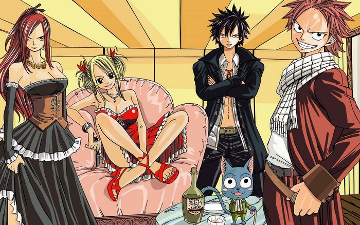Fairy Tail characters Erza, Lucy, Gray, Natsu, and Happy