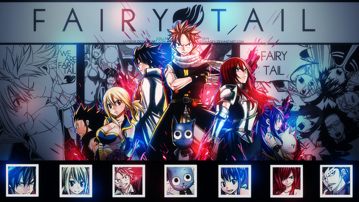 Fairy Tail characters Gray Fullbuster, Natsu Dragneel, Lucy Heartfilia, Erza Scarlet, Happy