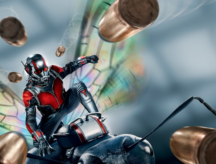 Ant-Man riding an ant with bullets flying