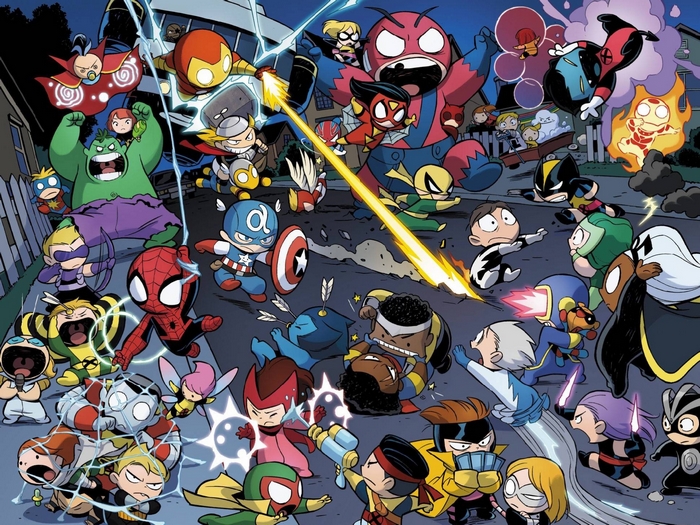 Chibi Marvel Heroes fighting on a street