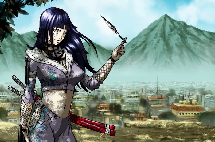 Hinata Hyuga holding a kunai in a village