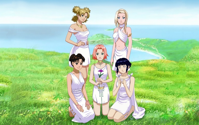 Five women from Naruto in white dresses