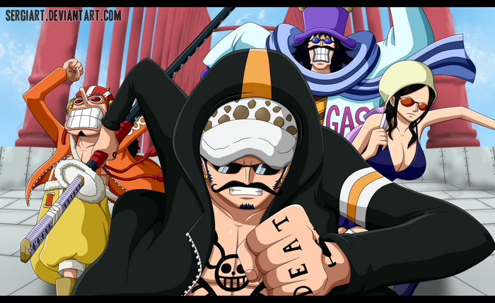 One Piece characters Trafalgar Law, Usopp, Nico Robin, and Buggy