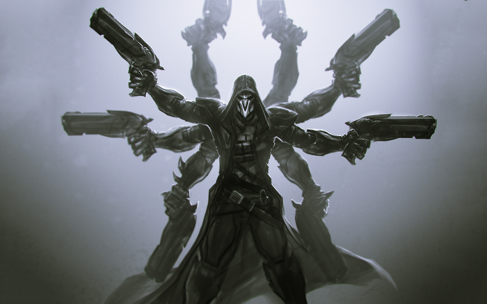Reaper from Overwatch with multiple arms and guns