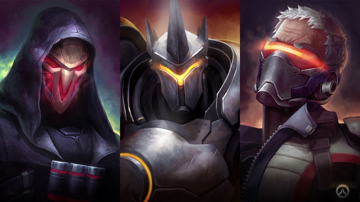 Reaper, Reinhardt, and Soldier: 76 from Overwatch