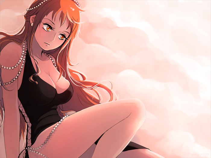 Nami from One Piece in a black dress