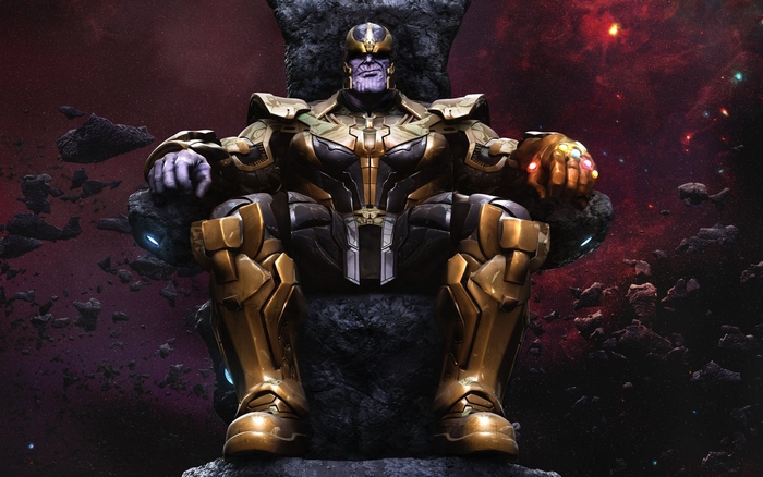 Thanos sitting on a throne with the Infinity Gauntlet
