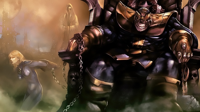Thanos sitting on a throne with a chained woman