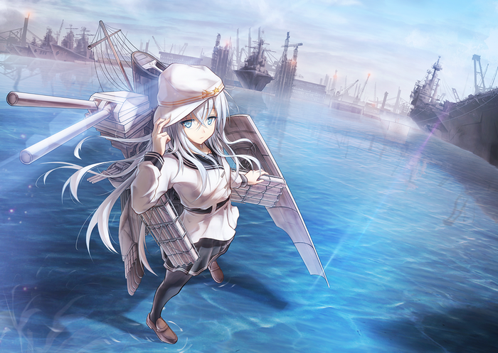 Hibiki from Kantai Collection in a harbor