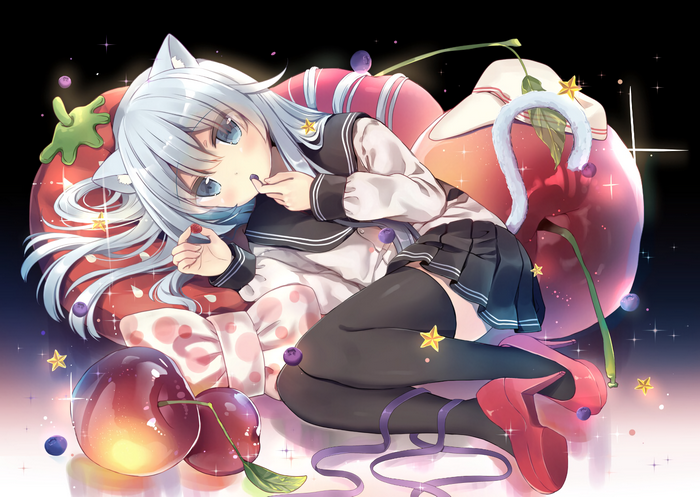 Neko Girl in School Uniform with Cherries
