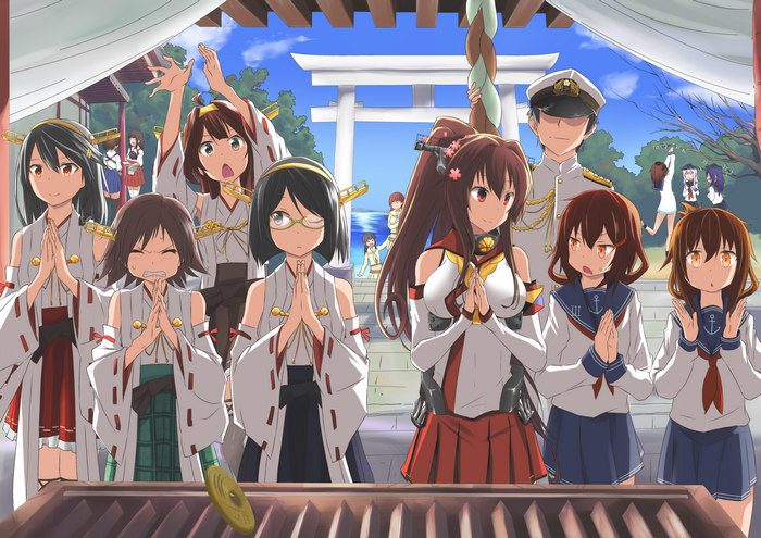 Girls from Kantai Collection praying at a shrine