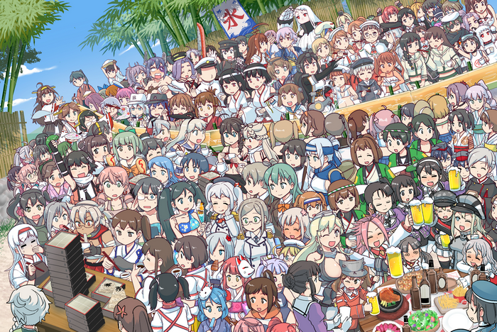 Girls from Kantai Collection celebrating at a festival