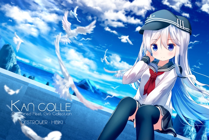 Hibiki from Kancolle sitting with birds flying