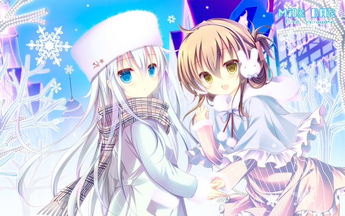 Two anime girls in winter attire with snowflakes and lights