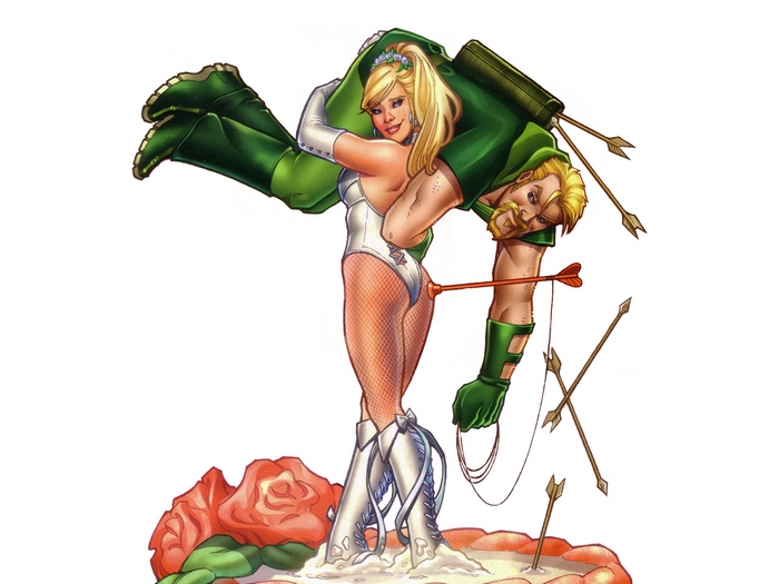 Green Arrow carrying Black Canary