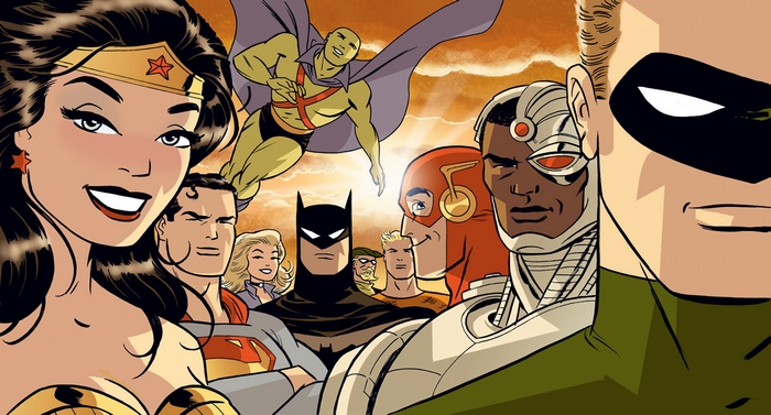 Justice League characters including Wonder Woman, Superman, Batman, Flash, Cyborg, Green Arrow, Martian Manhunter, and Aquaman