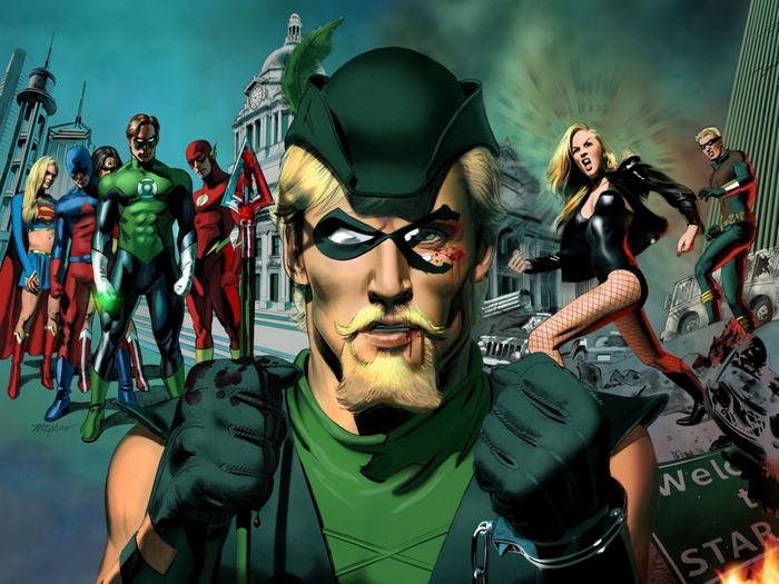 Green Arrow and Justice League in a ruined city