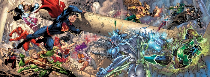 Justice League fighting against a robotic enemy