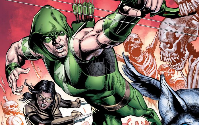 Green Arrow and allies fighting skeletons