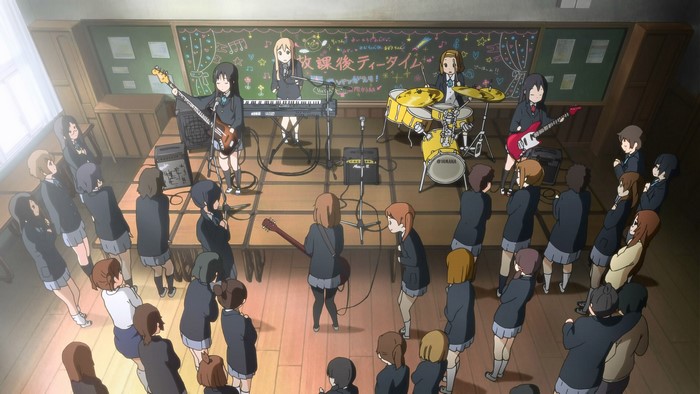 K-On! Girls performing music in a classroom