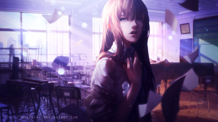 Kurisu Makise in a classroom